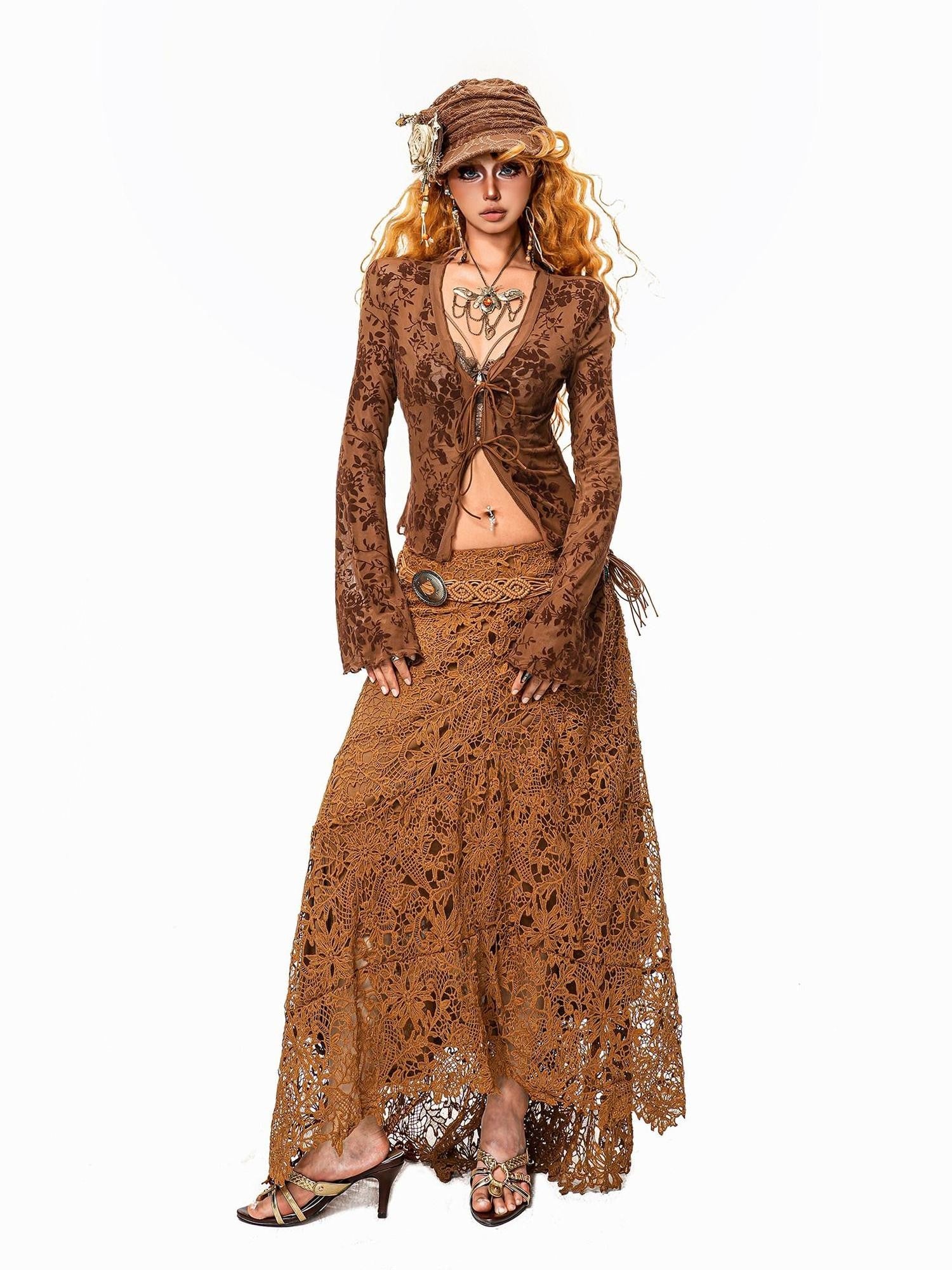 Arielink Floral Print Vintage Bell Sleeve Tie Front Women's Sheer Mesh Cropped Cardigans