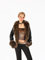 Arielink Fringe Colorblock Panelled Shearling Collar Women's Shearling Leather Jackets