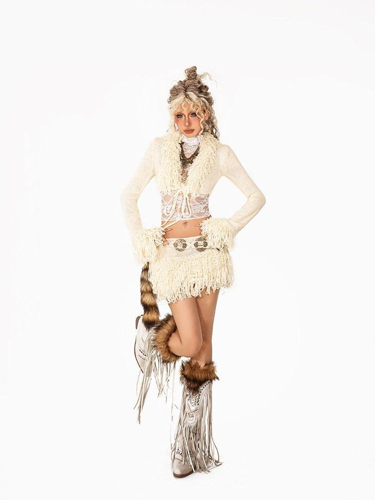 Arielink Fringe V-neck Long Sleeve Vintage Bodycon Mini Women's Knit Top & Skirt Sets