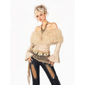 Arielink Fringed Distressed Cropped One Shoulder Women's Fuzzy Knit Long Sleeve T-shirts 858093441309