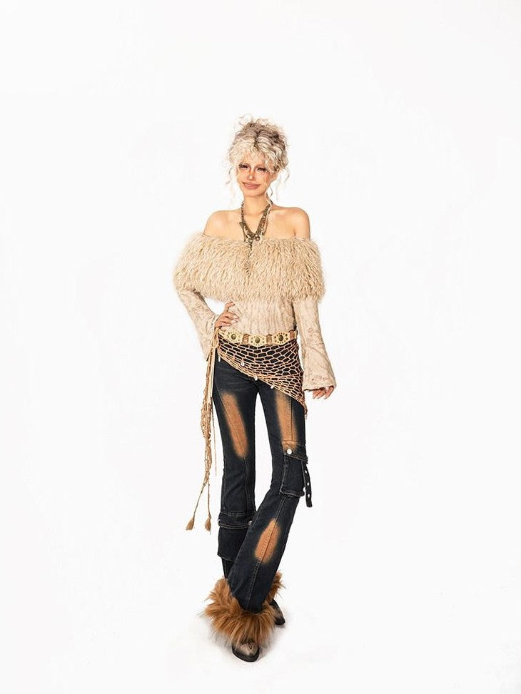 Arielink Fringed Distressed Cropped One Shoulder Women's Fuzzy Knit Long Sleeve T-shirts