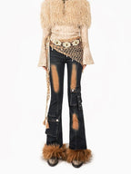 Arielink Fringed Distressed Cropped One Shoulder Women's Fuzzy Knit Long Sleeve T-shirts