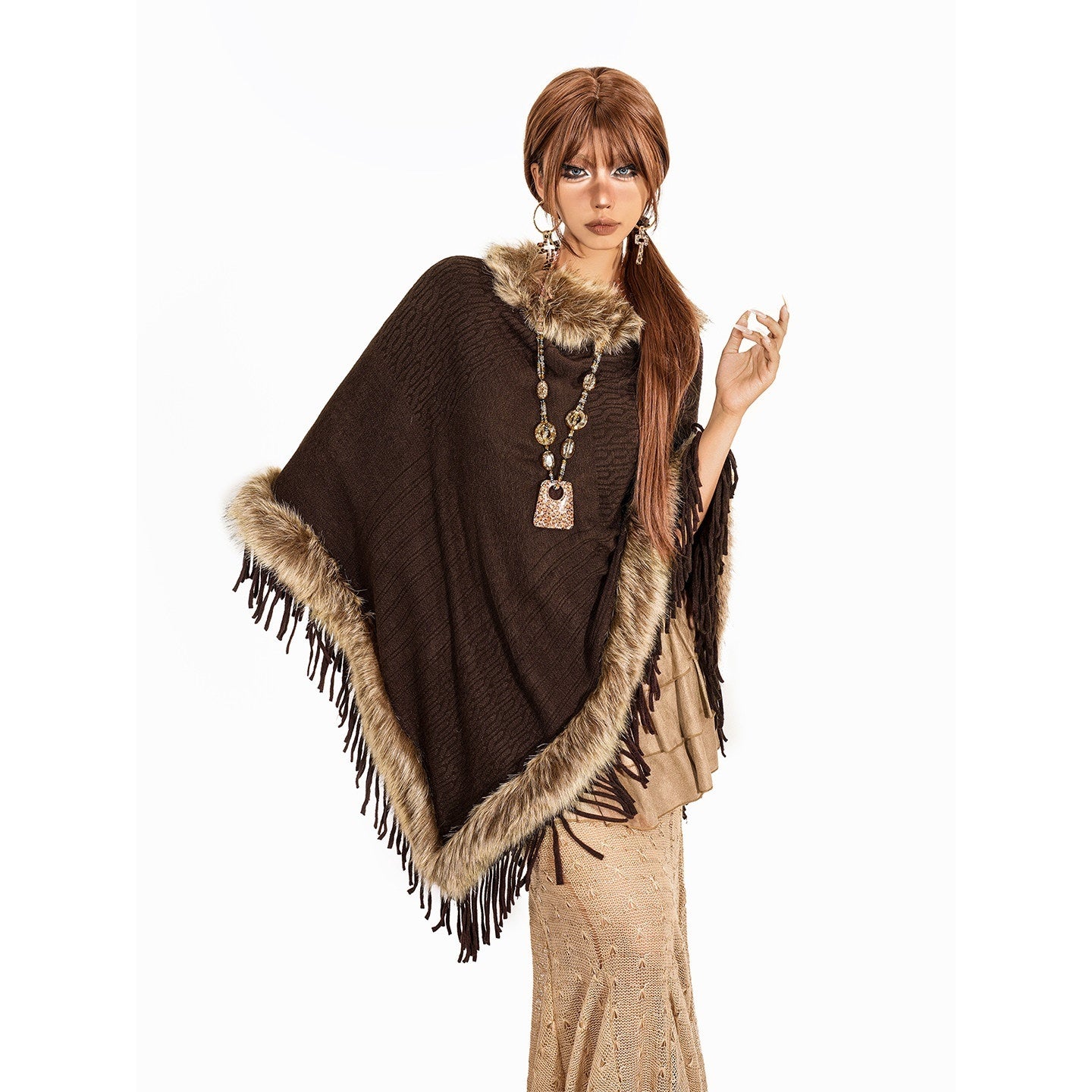 Arielink Fuzzy Collar Fringe Irregular Batwing Mid Length Women's Knit Ponchos 993868289027