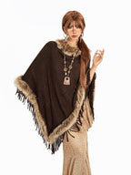 Arielink Fuzzy Collar Fringe Irregular Batwing Mid Length Women's Knit Ponchos