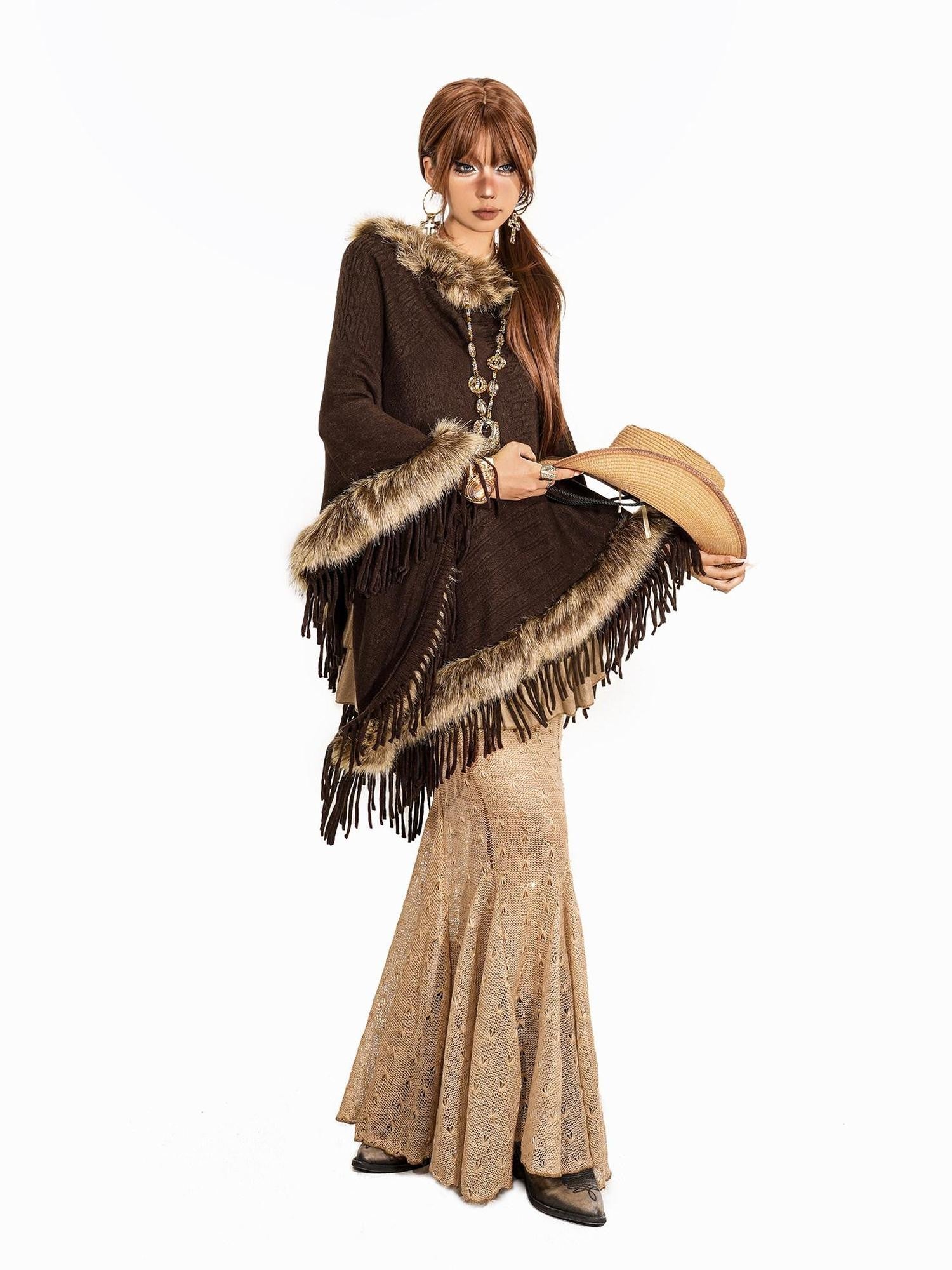 Arielink Fuzzy Collar Fringe Irregular Batwing Mid Length Women's Knit Ponchos