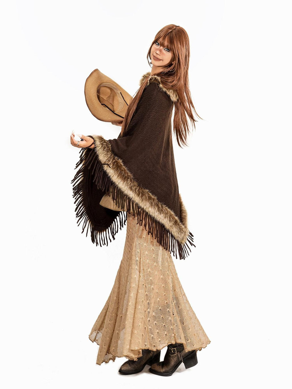 Arielink Fuzzy Collar Fringe Irregular Batwing Mid Length Women's Knit Ponchos