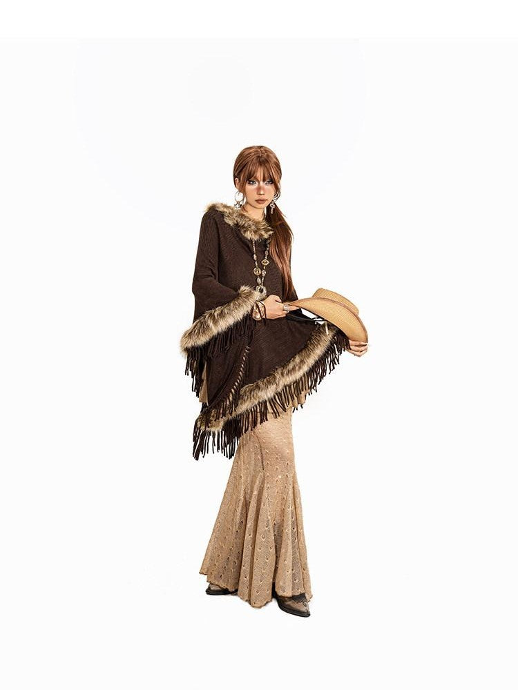 Arielink Fuzzy Collar Fringe Irregular Batwing Mid Length Women's Knit Ponchos