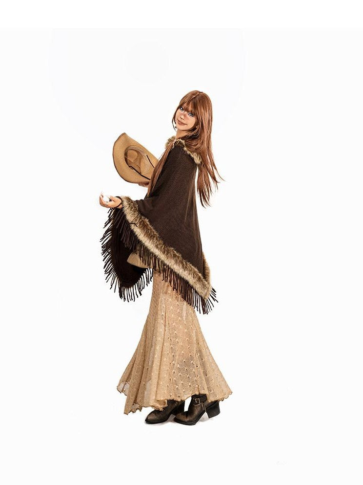 Arielink Fuzzy Collar Fringe Irregular Batwing Mid Length Women's Knit Ponchos