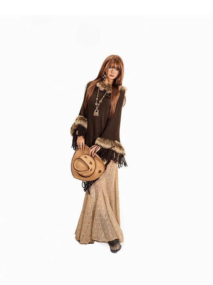 Arielink Fuzzy Collar Fringe Irregular Batwing Mid Length Women's Knit Ponchos