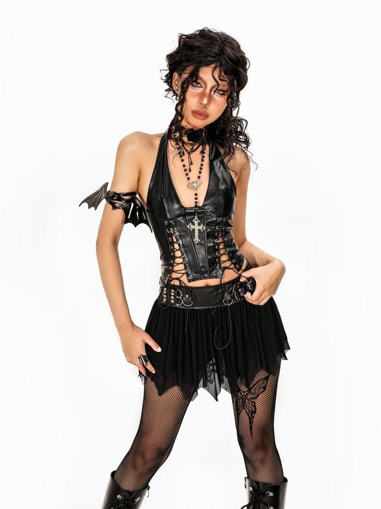 Arielink Gothic Hollowout Lace Up Halter Women's Pu Leather Tank Tops