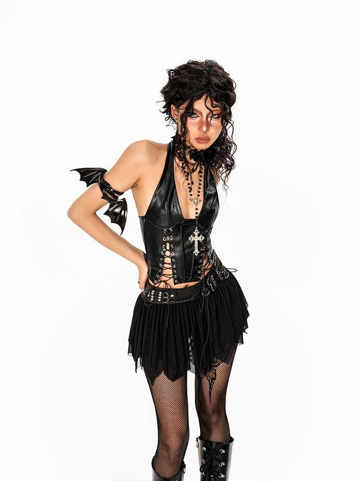 Arielink Gothic Hollowout Lace Up Halter Women's Pu Leather Tank Tops