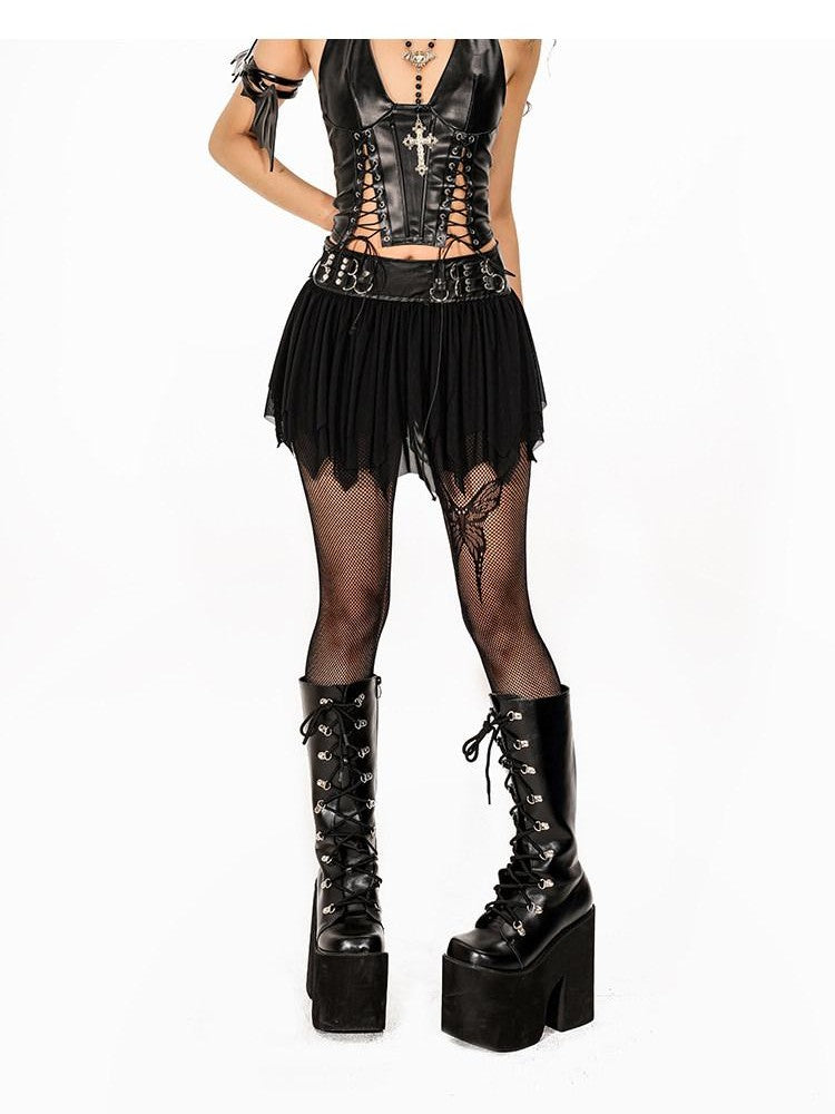 Arielink Gothic Punk Cutout Lacing Halter Women's Pu Leather Short Slim Tank Tops