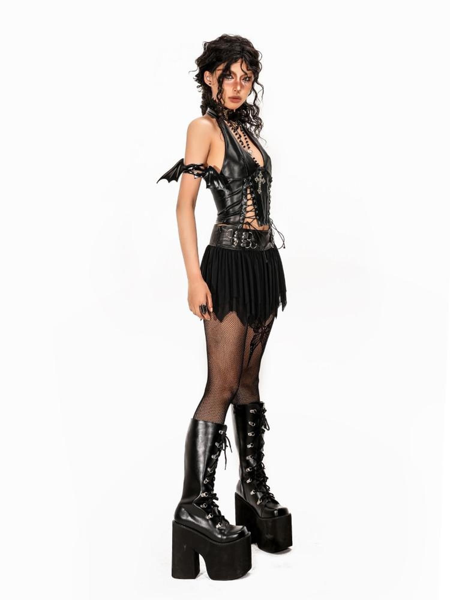 Arielink Gothic Punk Cutout Lacing Halter Women's Pu Leather Short Slim Tank Tops