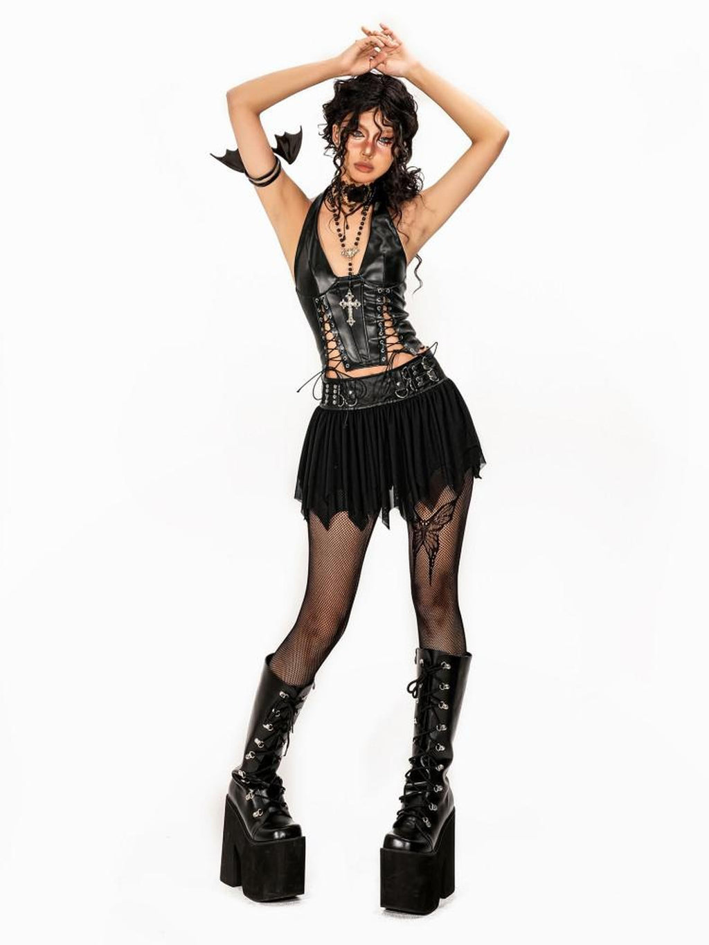 Arielink Gothic Punk Cutout Lacing Halter Women's Pu Leather Short Slim Tank Tops