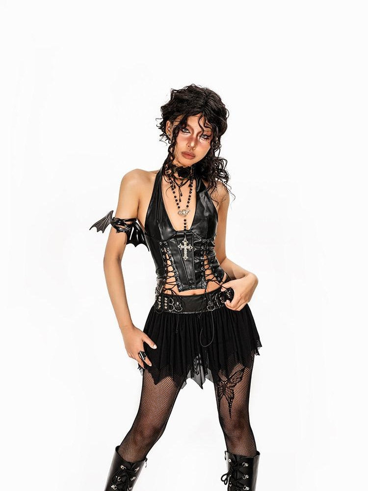 Arielink Gothic Punk Cutout Lacing Halter Women's Pu Leather Short Slim Tank Tops