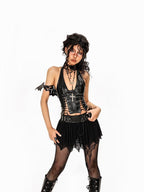 Arielink Gothic Punk Cutout Lacing Halter Women's Pu Leather Short Slim Tank Tops