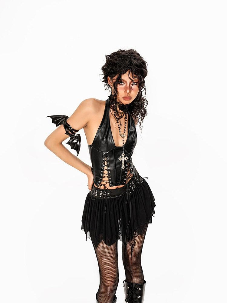 Arielink Gothic Punk Cutout Lacing Halter Women's Pu Leather Short Slim Tank Tops