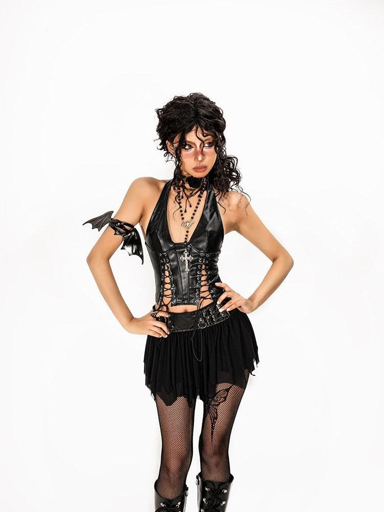 Arielink Gothic Punk Cutout Lacing Halter Women's Pu Leather Short Slim Tank Tops