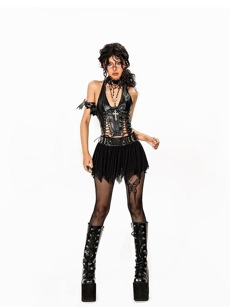 Arielink Gothic Punk Cutout Lacing Halter Women's Pu Leather Short Slim Tank Tops