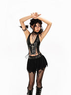 Arielink Gothic Punk Cutout Lacing Halter Women's Pu Leather Short Slim Tank Tops