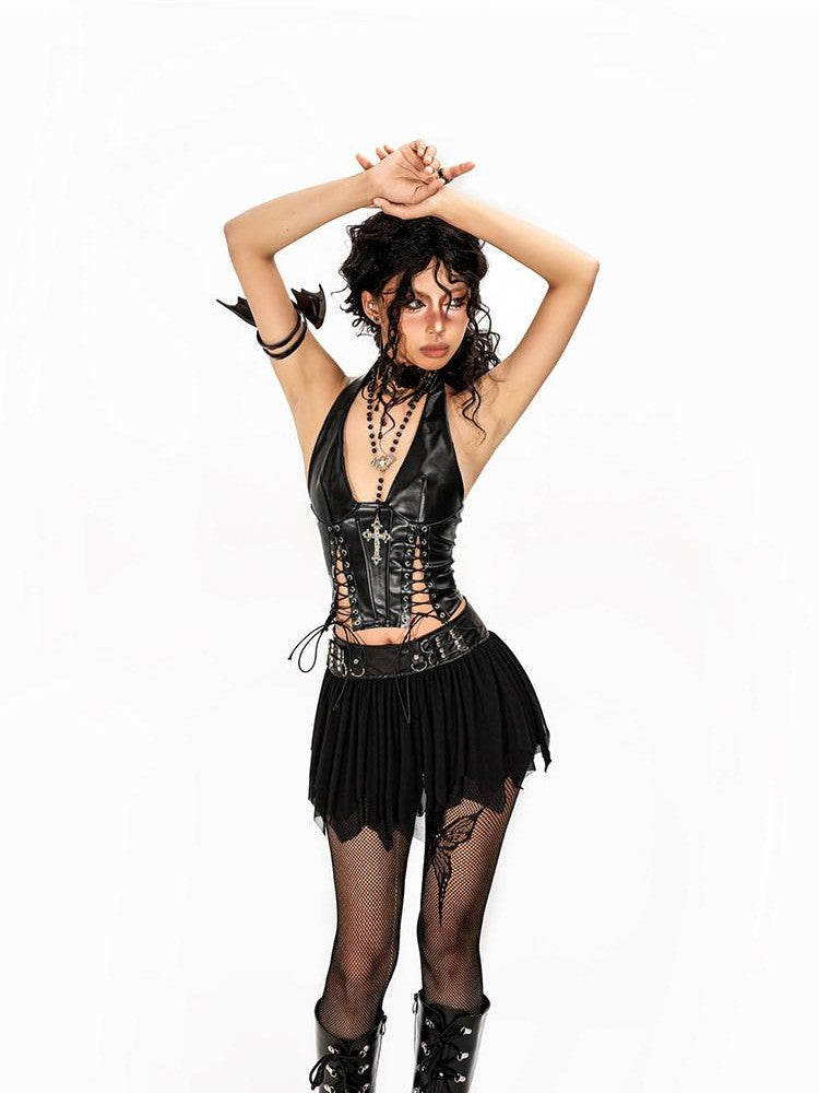 Arielink Gothic Punk Cutout Lacing Halter Women's Pu Leather Short Slim Tank Tops