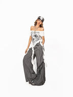 Arielink Graffiti One Shoulder Letter Print Distressed Women's Short Sleeve T-shirts