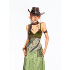 Arielink Green Floral Print Asymmetric Patchwork Ruffle Trim Women's Mesh Camisoles 814332444404