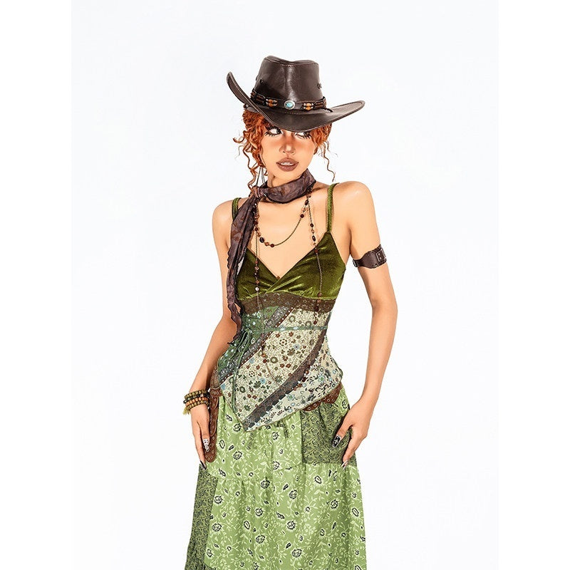Arielink Green Floral Print Asymmetric Patchwork Ruffle Trim Women's Mesh Camisoles 814332444404