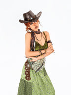 Arielink Green Floral Print Asymmetric Patchwork Ruffle Trim Women's Mesh Camisoles