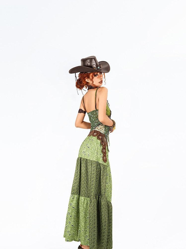 Arielink Green Floral Print Asymmetric Patchwork Ruffle Trim Women's Mesh Camisoles