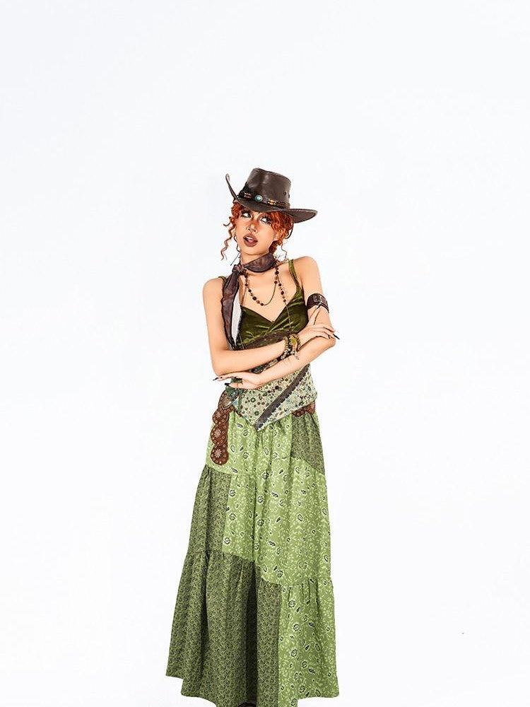 Arielink Green Floral Print Asymmetric Patchwork Ruffle Trim Women's Mesh Camisoles