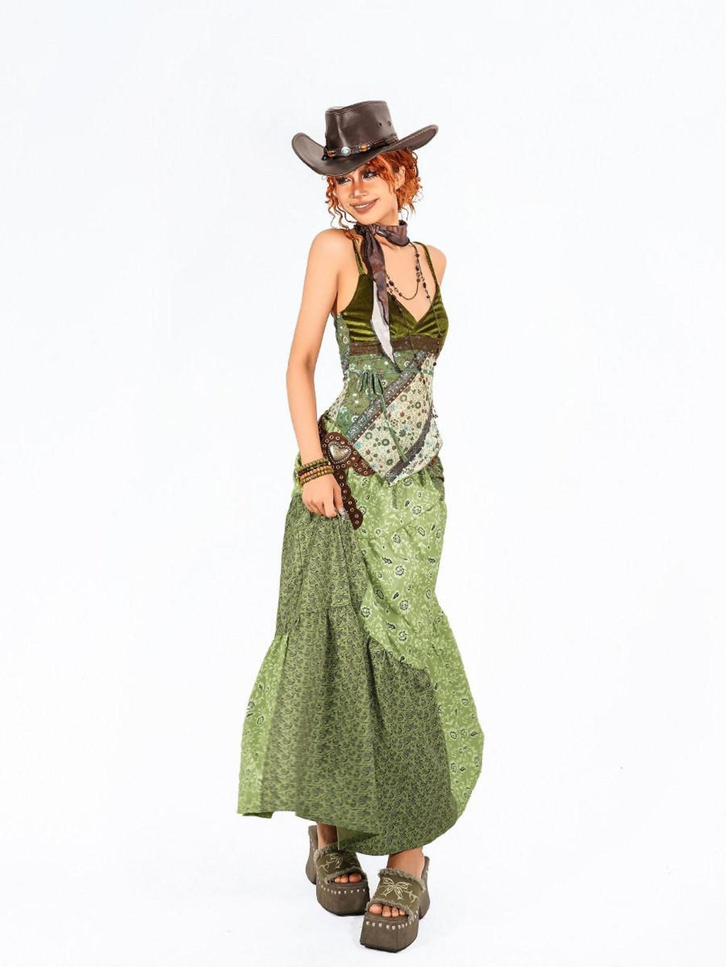 Arielink Green Floral Print Asymmetric Patchwork Ruffle Trim Women's Mesh Camisoles