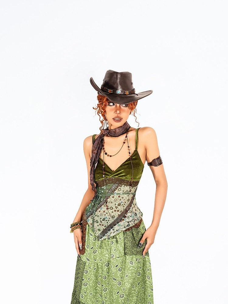 Arielink Green Floral Print Asymmetric Patchwork Ruffle Trim Women's Mesh Camisoles