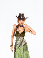Arielink Green Floral Print Asymmetric Patchwork Ruffle Trim Women's Mesh Camisoles