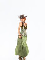 Arielink Green Floral Print Asymmetric Patchwork Ruffle Trim Women's Mesh Camisoles