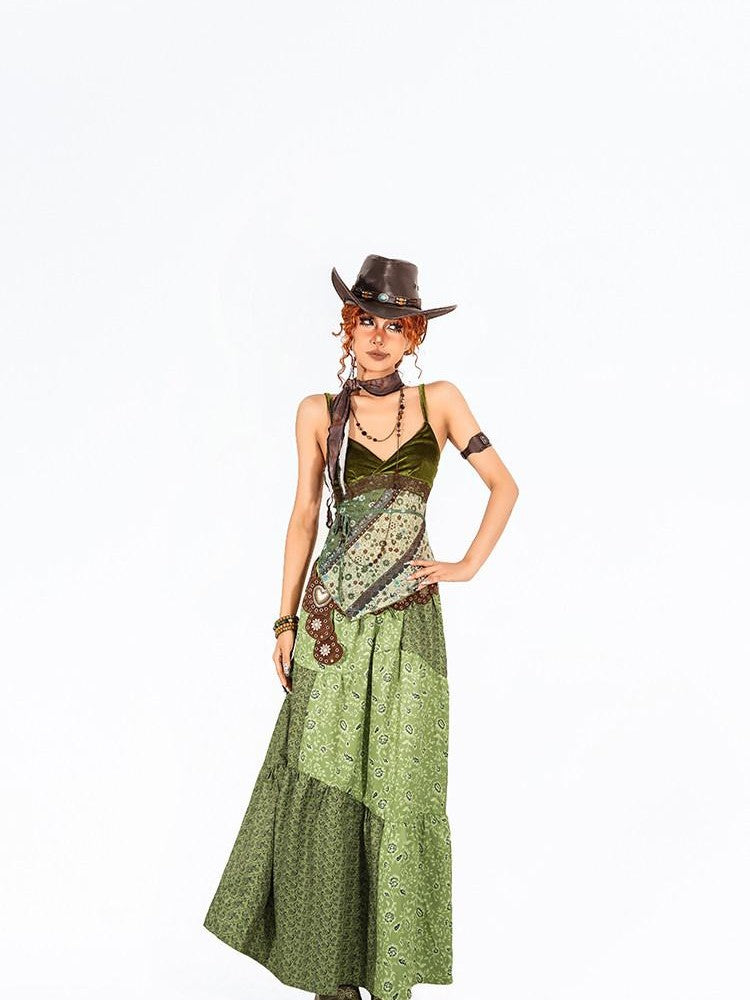 Arielink Green Floral Print Asymmetric Patchwork Ruffle Trim Women's Mesh Camisoles