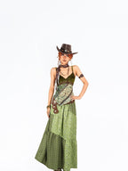 Arielink Green Floral Print Asymmetric Patchwork Ruffle Trim Women's Mesh Camisoles