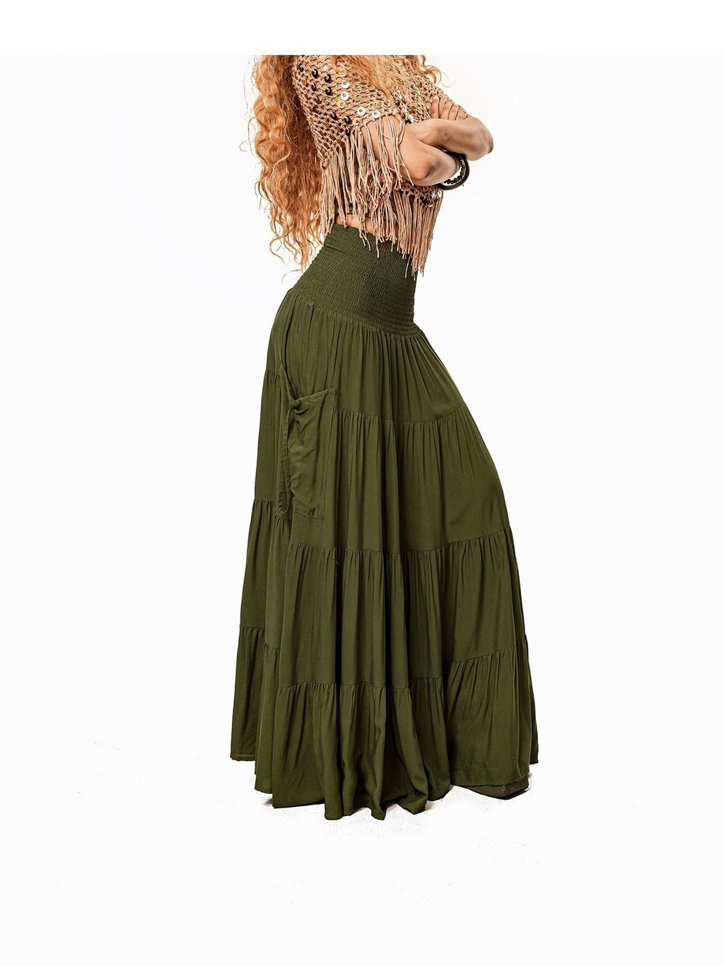 Arielink Green Pleated A Line Side Slit Pocket Women's Other Fabric Maxi Skirts