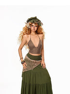 Arielink Green Pleated A Line Side Slit Pocket Women's Other Fabric Maxi Skirts