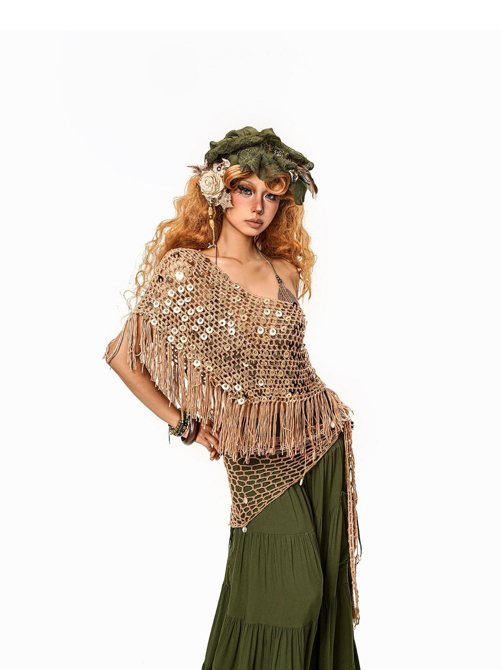 Arielink Green Pleated A Line Side Slit Pocket Women's Other Fabric Maxi Skirts
