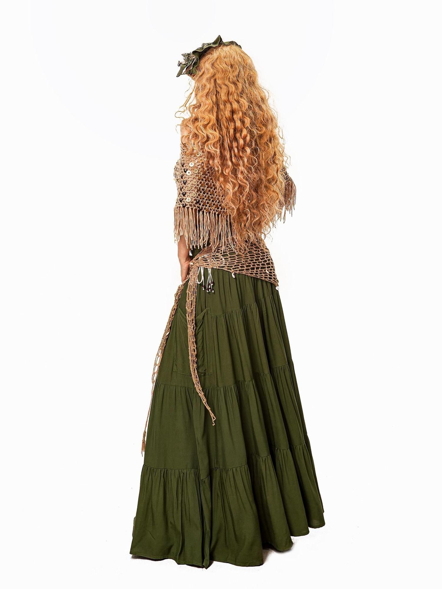 Arielink Green Pleated A Line Side Slit Pocket Women's Other Fabric Maxi Skirts