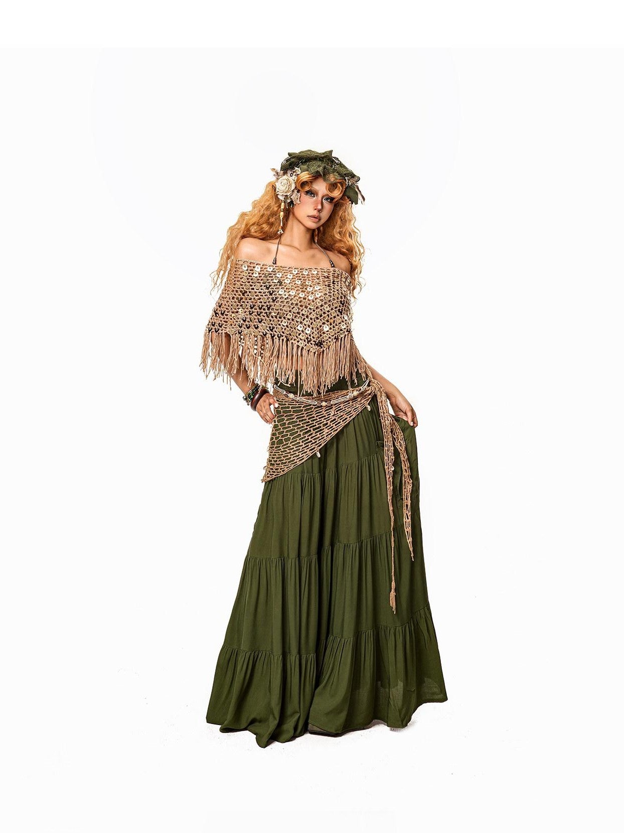 Arielink Green Pleated A Line Side Slit Pocket Women's Other Fabric Maxi Skirts