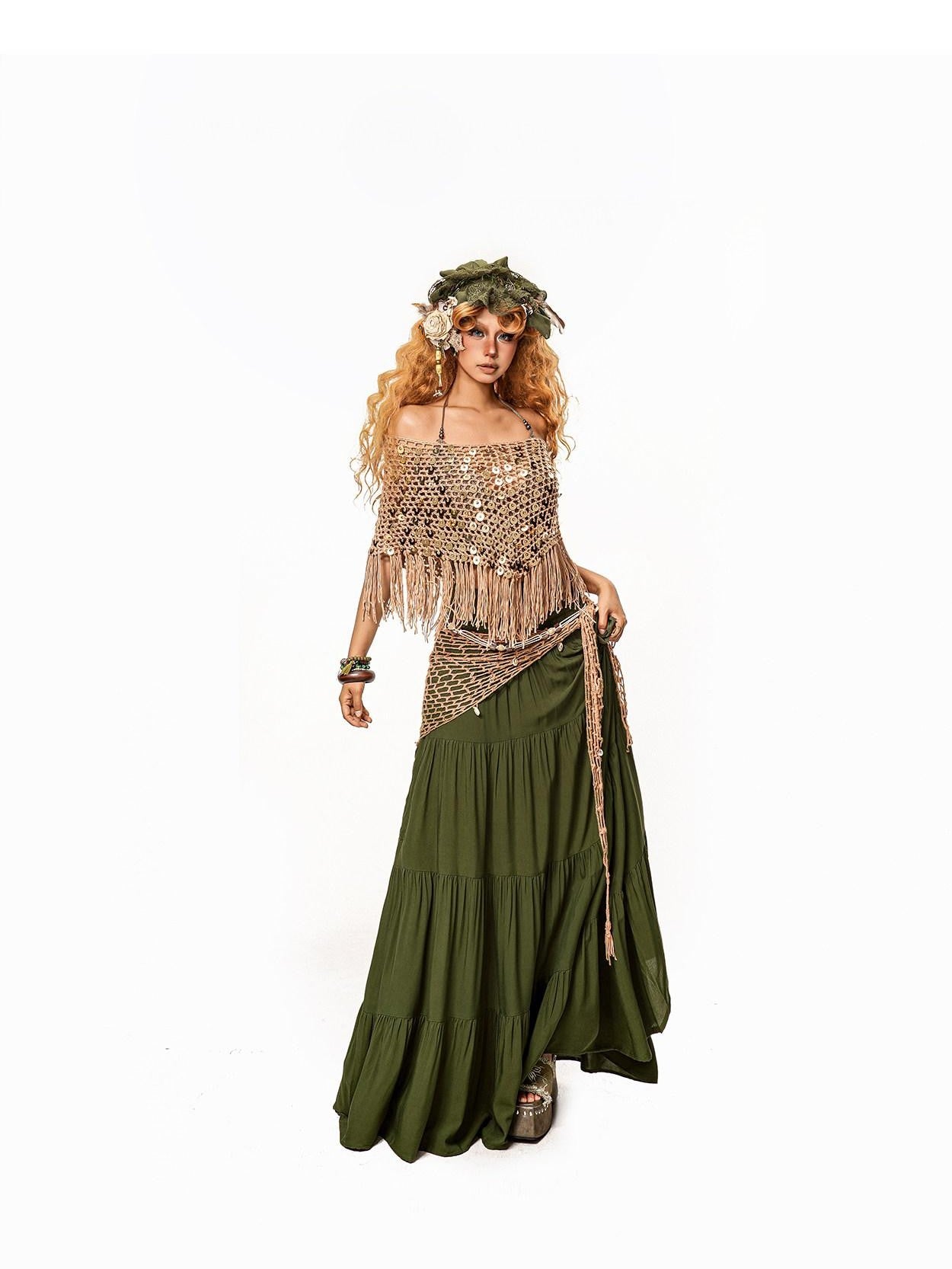 Arielink Green Pleated A Line Side Slit Pocket Women's Other Fabric Maxi Skirts