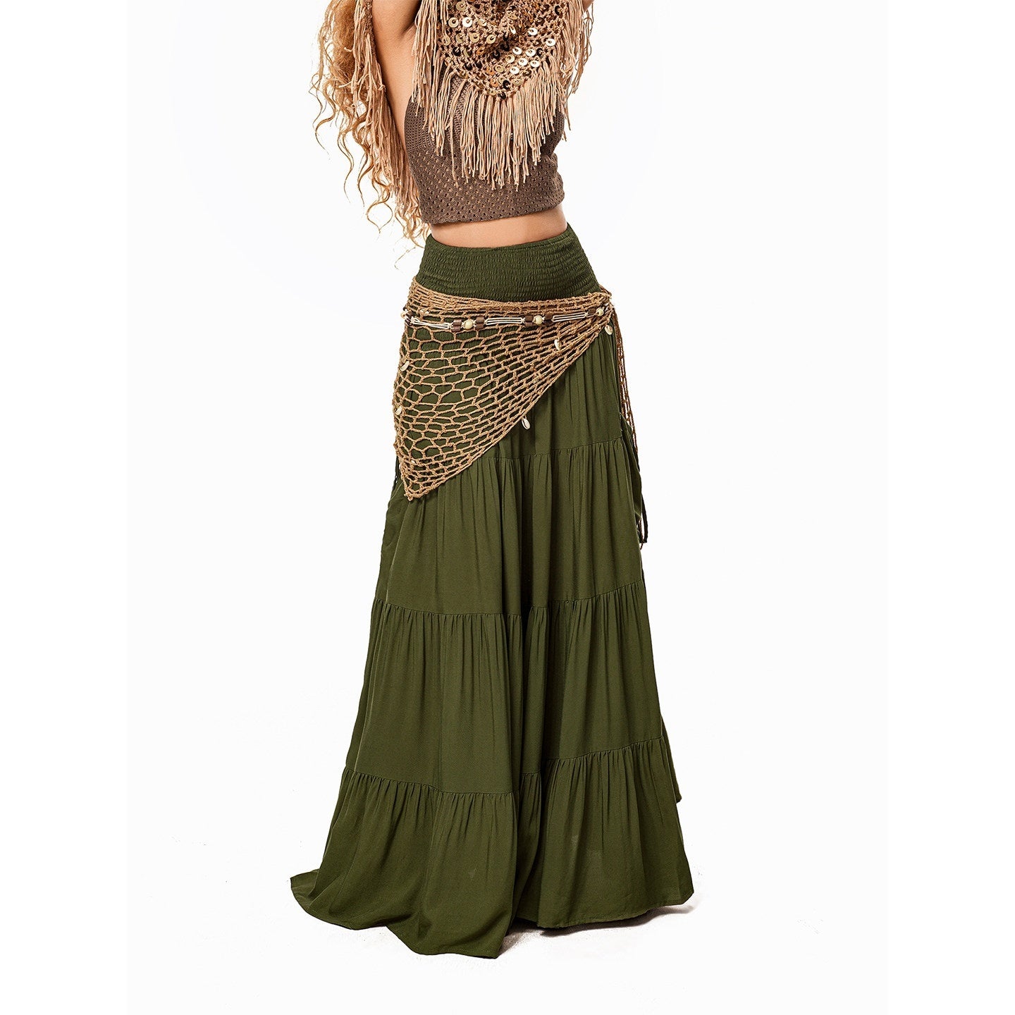 Arielink Green Pleated Boho Vintage Pockets Side Slit A Line Women's Maxi Skirts 1028019960210