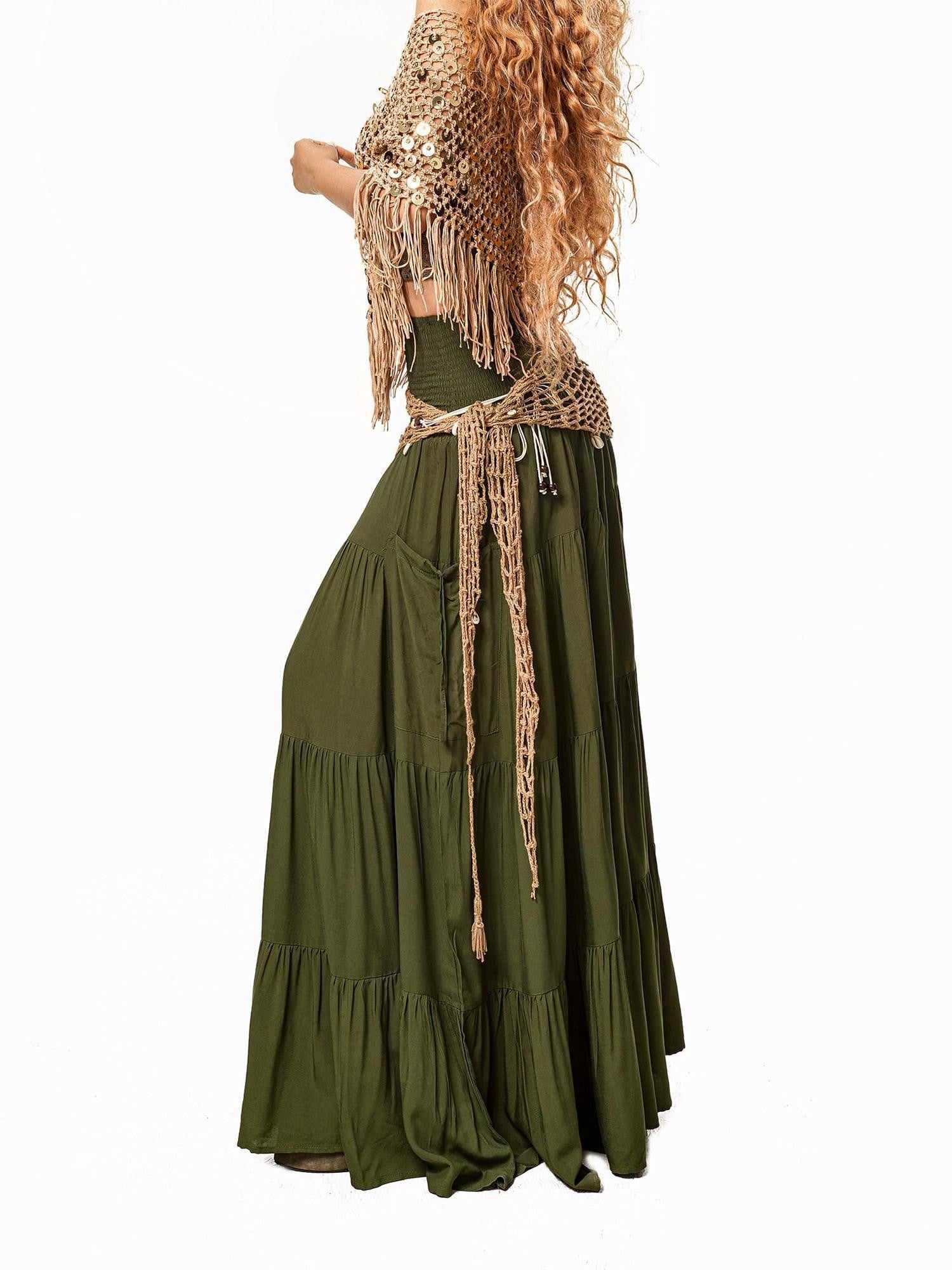 Arielink Green Pleated Boho Vintage Pockets Side Slit A Line Women's Maxi Skirts