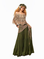 Arielink Green Pleated Boho Vintage Pockets Side Slit A Line Women's Maxi Skirts