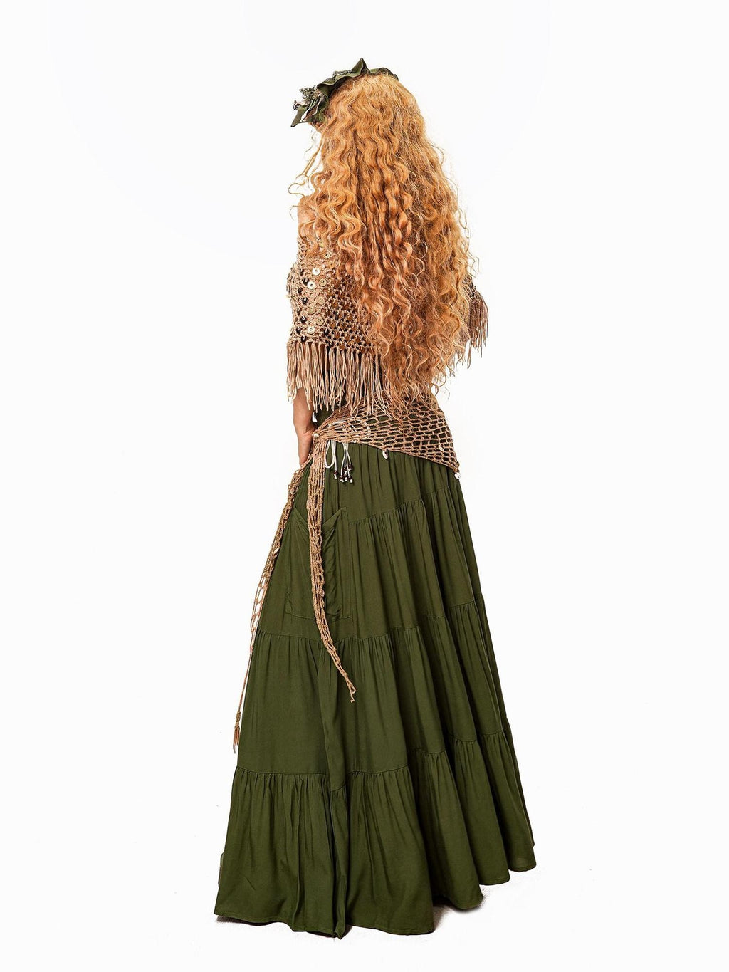 Arielink Green Pleated Boho Vintage Pockets Side Slit A Line Women's Maxi Skirts