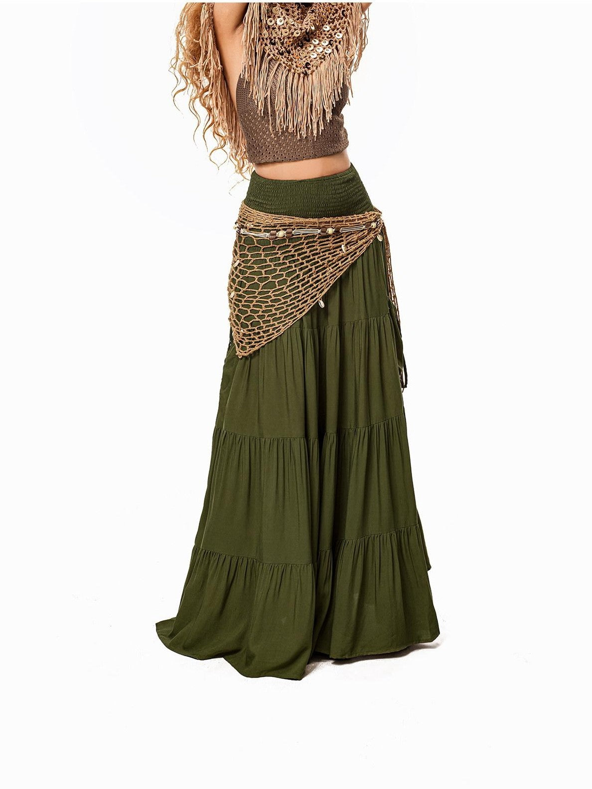 Arielink Green Pleated Boho Vintage Pockets Side Slit A Line Women's Maxi Skirts