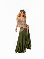 Arielink Green Pleated Boho Vintage Pockets Side Slit A Line Women's Maxi Skirts