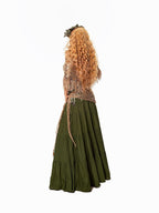 Arielink Green Pleated Boho Vintage Pockets Side Slit A Line Women's Maxi Skirts